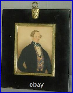Antique Miniature Portrait Painting Man REGENCY Picture Frame Charles Herve II
