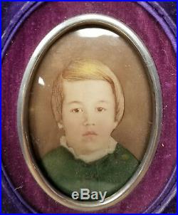 Antique Velvet Picture Frame Miniature Painting Southern 1878 Portrait Signed
