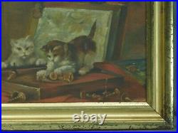 Antique naive Painting Cat Play Kittens G Kelley 1896 Lemon Gold Picture Frame