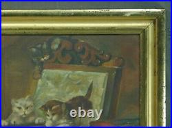 Antique naive Painting Cat Play Kittens G Kelley 1896 Lemon Gold Picture Frame