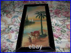 Antique oil painting on board arab camel signed very old picture