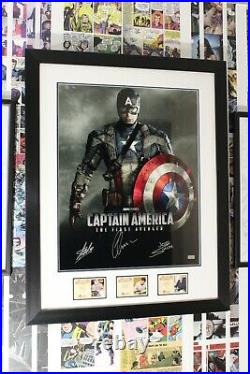Captain America photo framed and signed by Stan Lee, Joe Simon & Chris Evans