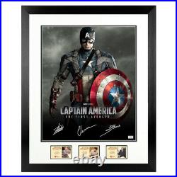 Chris Evans, Stan Lee, Joe Simon Autographed Captain America 16x20 Framed Photo
