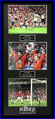 Framed Signed Manchester United 1999 Treble Photo Display Cole Ole & Teddy Proof