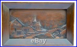 French Black Forest Carved Wood Wall Panel Frame Picture Mountain Village Signed