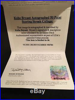 KOBE BRYANT Signed Autographed Framed Photo Inscribed 50 Pt Streak UDA #d 8/50