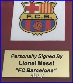 LIONEL MESSI Autograph Signed Jersey Barcelona Photos Logo Plaque Framed COA