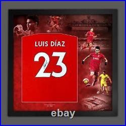 Luis Diaz Hand Signed Red No23 Player T- Shirt In A Framed Picture Mount Display