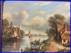 Oil Painting on Panel Dutch Village Scene Signed Harrig Wood Picture Frame