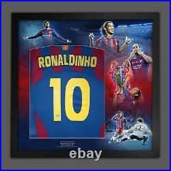 Ronaldinho Signed Barcelona Football Shirt In Framed Picture Mount Presentation