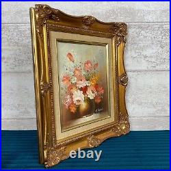 Stunning Vintage Hand Painted Flowers Vase Gold Frame Canvas Picture Signed