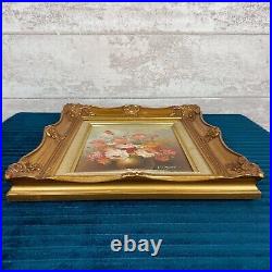 Stunning Vintage Hand Painted Flowers Vase Gold Frame Canvas Picture Signed