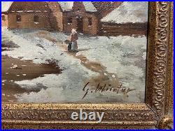 VTG. Oil Painting Dutch Impressionist Winter Scene Sign G. Winter Picture Frame