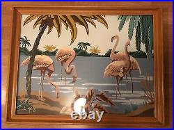 Vintage Mid Century Flamingo Picture by James M Arrow Bamboo Light Colored Frame